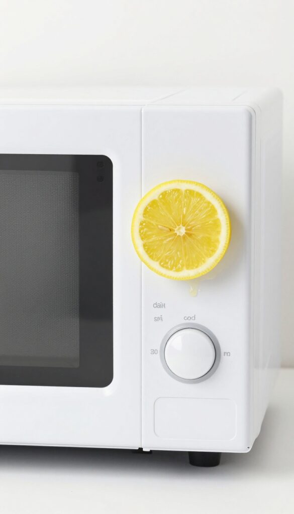 Half lemon rubbing a dried food splatter inside a microwave