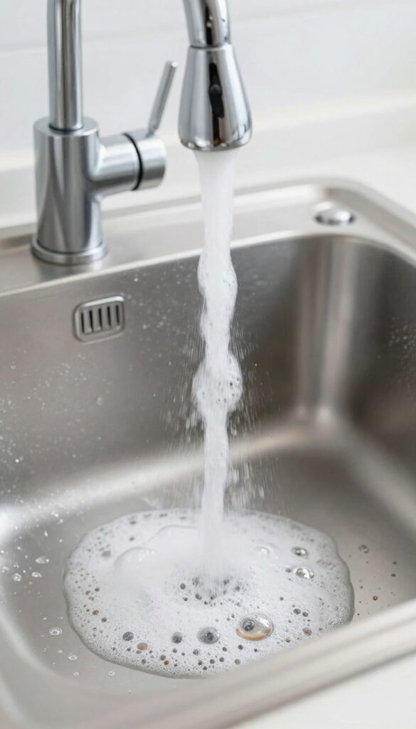 Baking soda and vinegar fizzing in a kitchen sink drain to unclog it