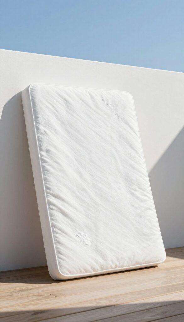 Mattress leaning against a sunny wall with baking soda on it, natural light, outdoor patio