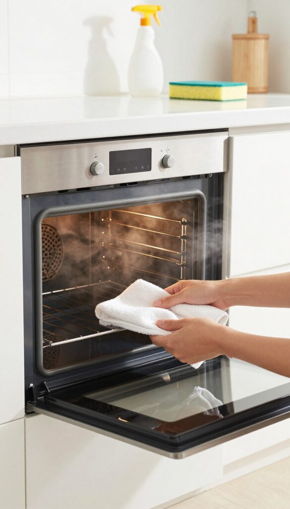 Damp towel placed on oven rack for steam cleaning