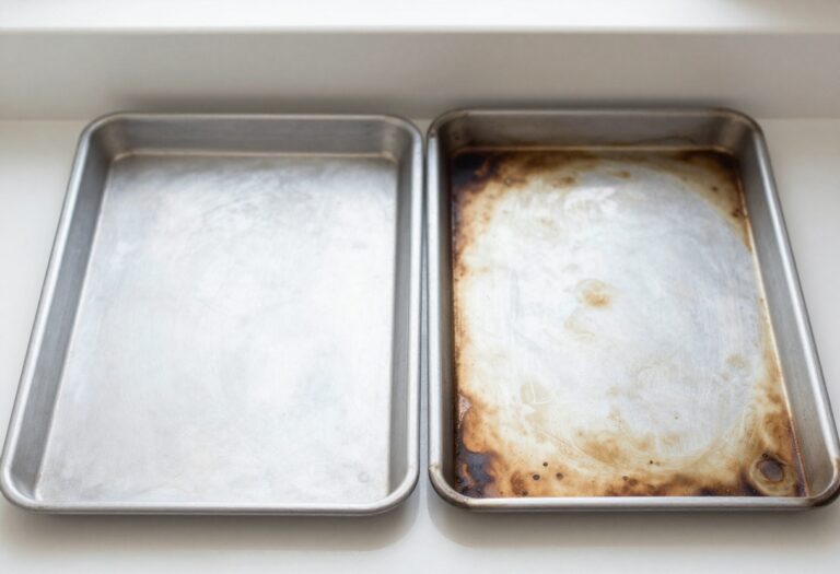 Cookie sheet cleaning before and after, showing burnt stains removed.