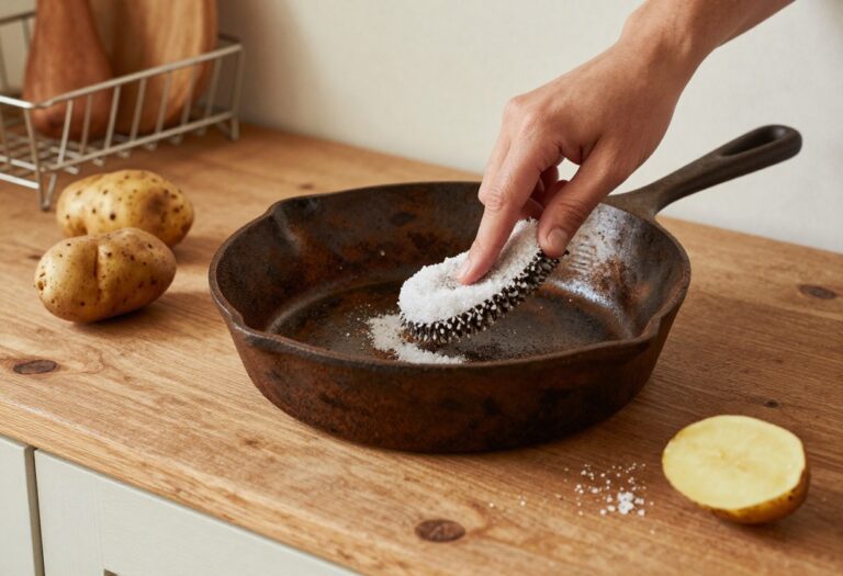 Cleaning rusty cast iron skillet with salt and potato