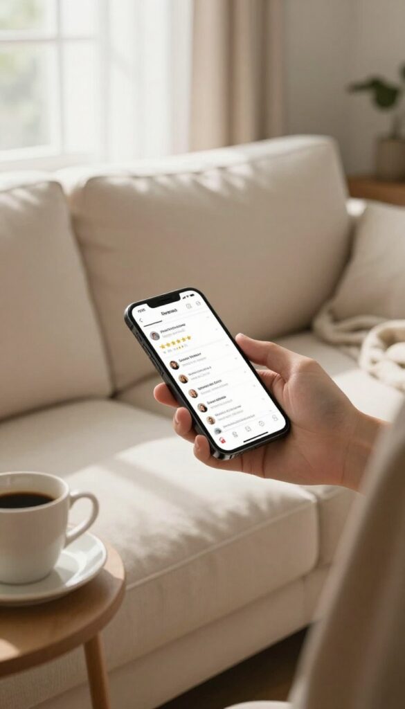A hand holding a smartphone showing online reviews for a sofa cleaning service, with a clean beige sofa in a bright living room.