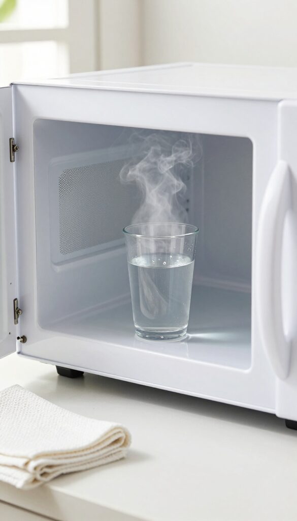 Microwave with steam cleaner cup and microfiber cloth on counter