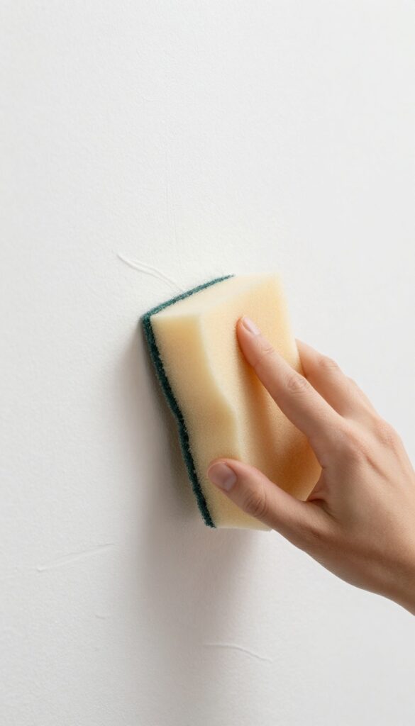 Hand using a dry chemical sponge to clean a pencil mark off a white painted wall