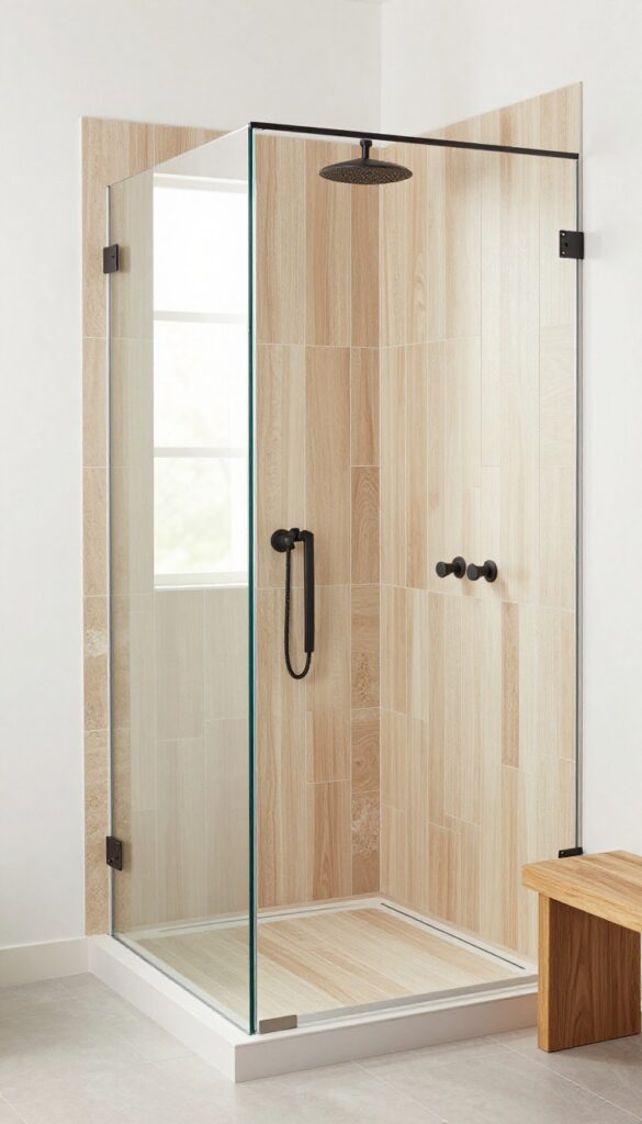 Bright bathroom shower with wood-look tile, natural stone, and black fixtures