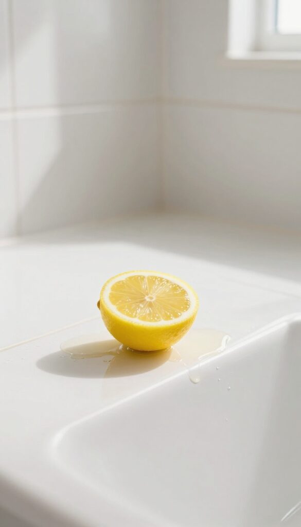 Lemon juice applied to hard water stains on a shower floor