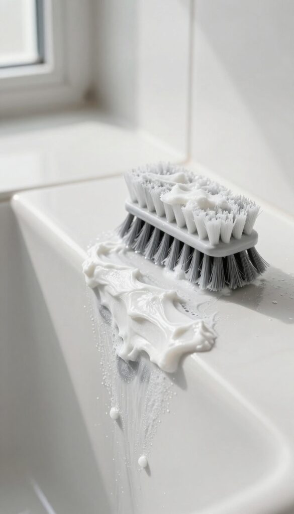 Baking soda paste applied to stubborn stain on shower floor, with soft brush nearby