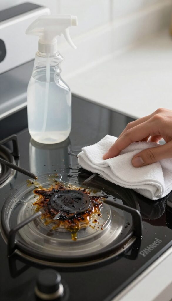 Cleaning a greasy glass stovetop with vinegar spray and a microfiber cloth