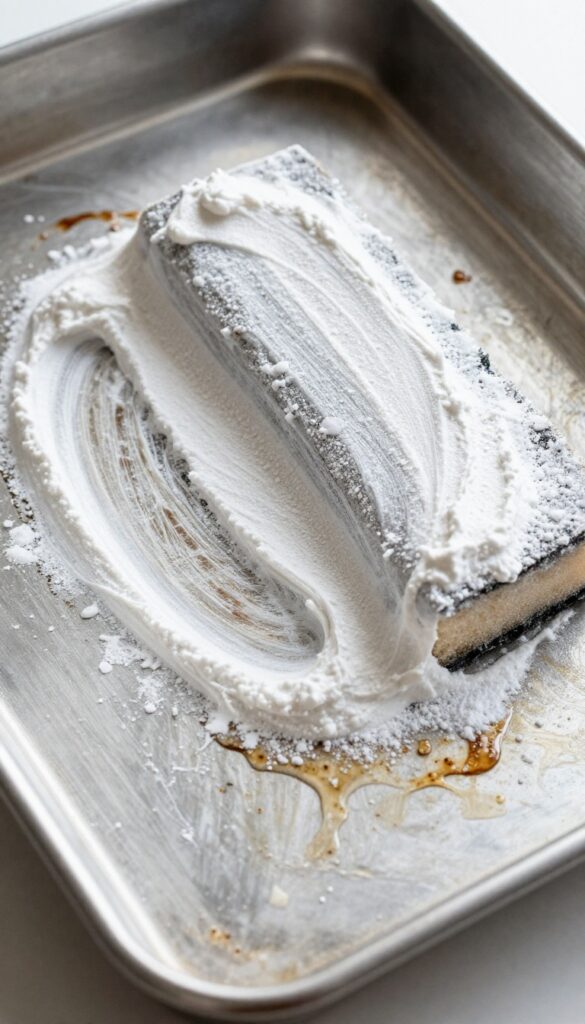 Cleaning a baking sheet with Bar Keepers Friend powder and a damp sponge