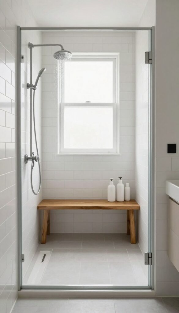 Small shower with a narrow teak bench at the far end, natural light, clean tiles