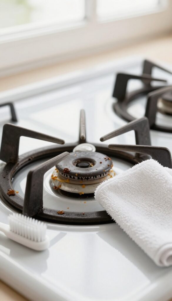 Close-up of a gas stove burner with cap lifted, showing greasy residue underneath, with cleaning tools nearby