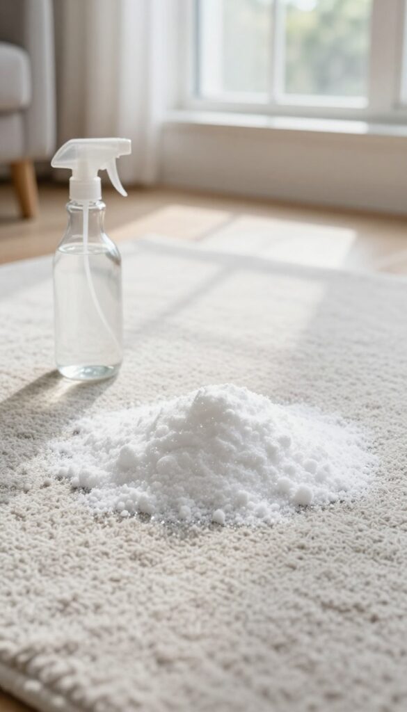 Deep cleaning carpet with baking soda and vinegar in a sunlit room