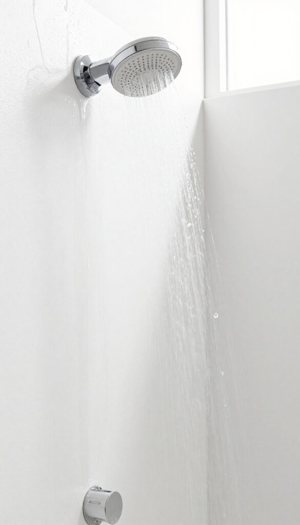A person rinsing a fiberglass shower stall with a handheld showerhead, warm water cascading down the clean white surface.
