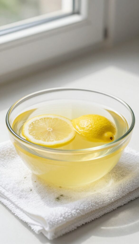 White towel soaking in lemon juice and hot water to treat mildew, with lemon slices floating, on a bright kitchen counter.