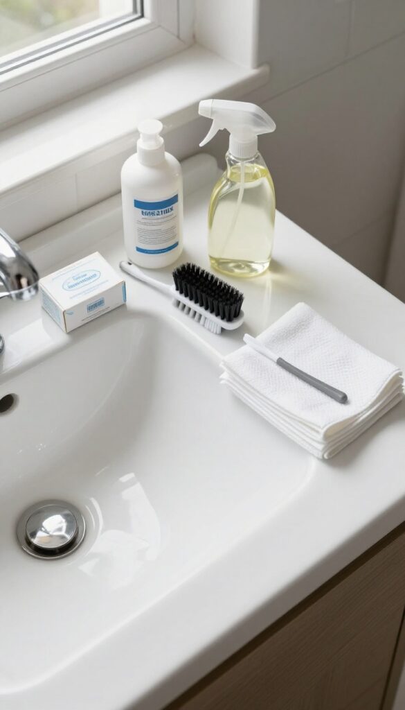 Cleaning supplies arranged on a bathroom counter for grout cleaning