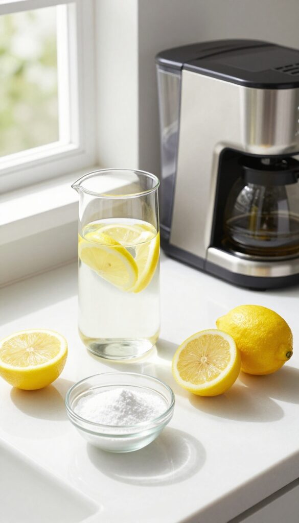 Clean kitchen counter with coffee maker, glass pitcher of lemon water, and citric acid powder for descaling