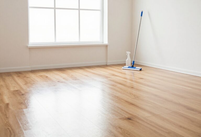 Shiny streak-free laminate wood floors in a sunlit living room with a microfiber mop and cleaner nearby.