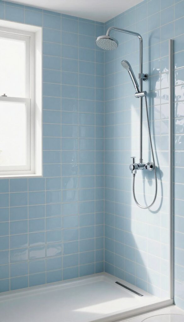 Pale blue herringbone tile shower with natural light and chrome fixtures