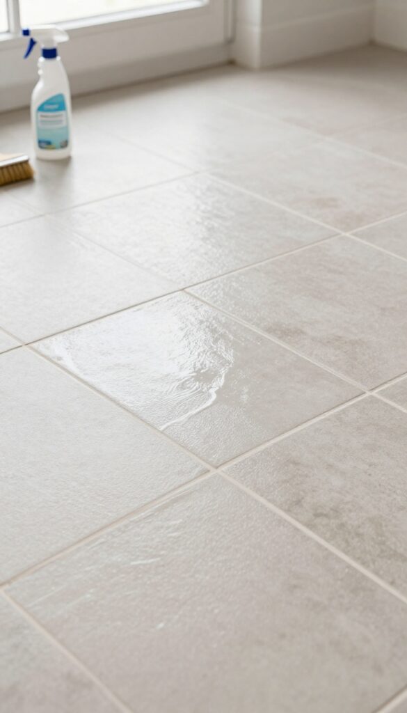 Sealing grout on a clean tile floor with a brush and spray bottle nearby