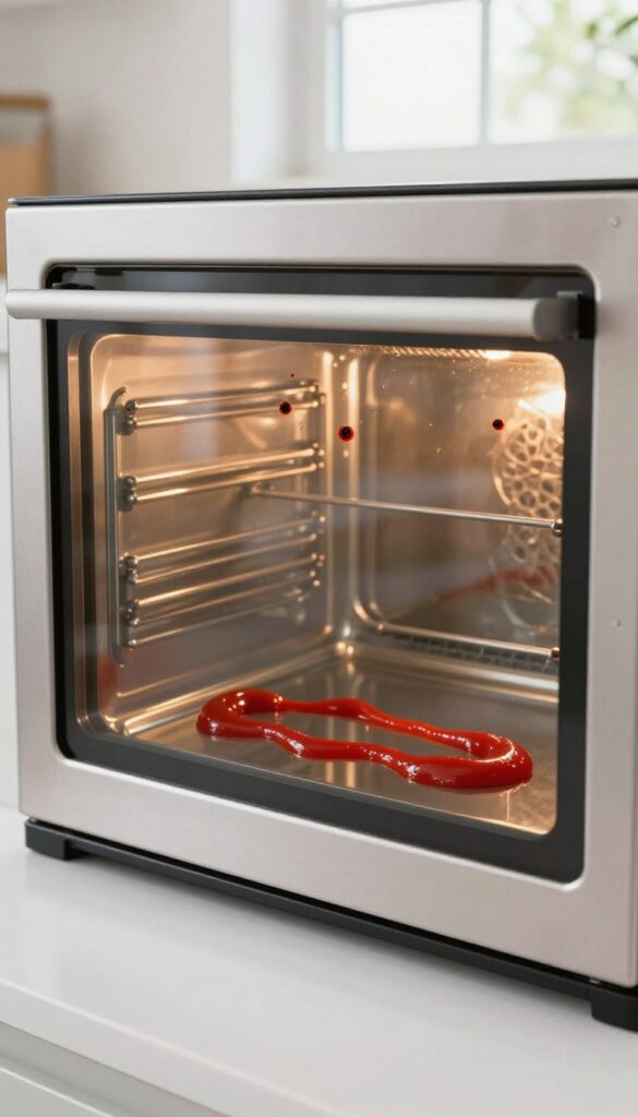 Ketchup spread on burnt spots of a glass oven door for cleaning