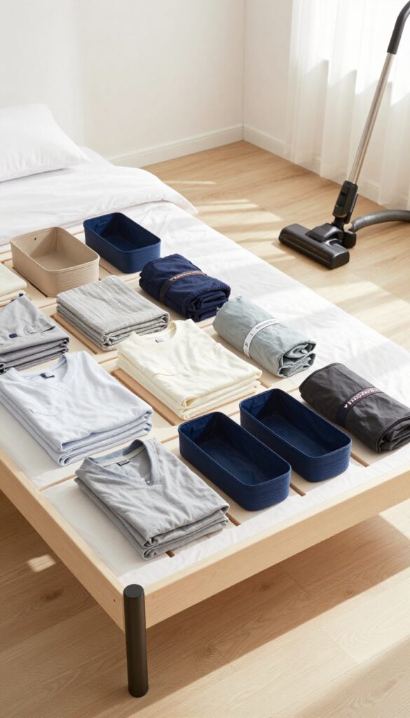 Clean space under a bed with organized bins and vacuum, bright natural light