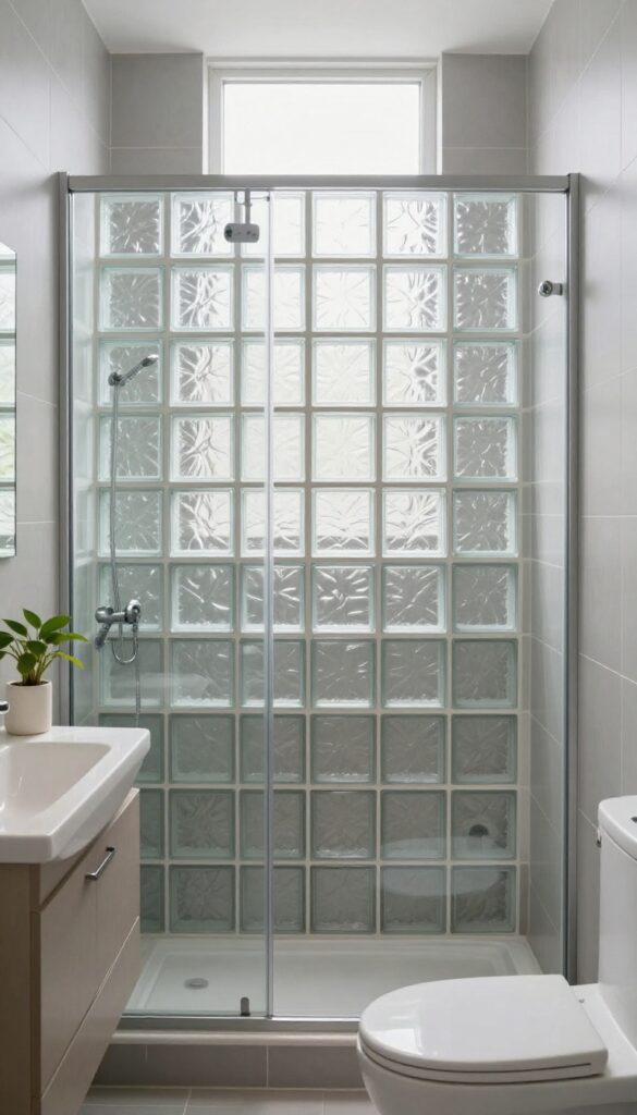 Tiny bathroom with glass block shower wall letting in natural light