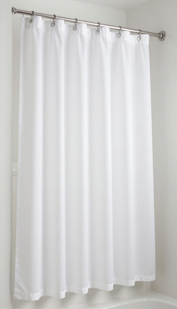 Bathroom with white shower curtain and matching valance, creating a taller look.