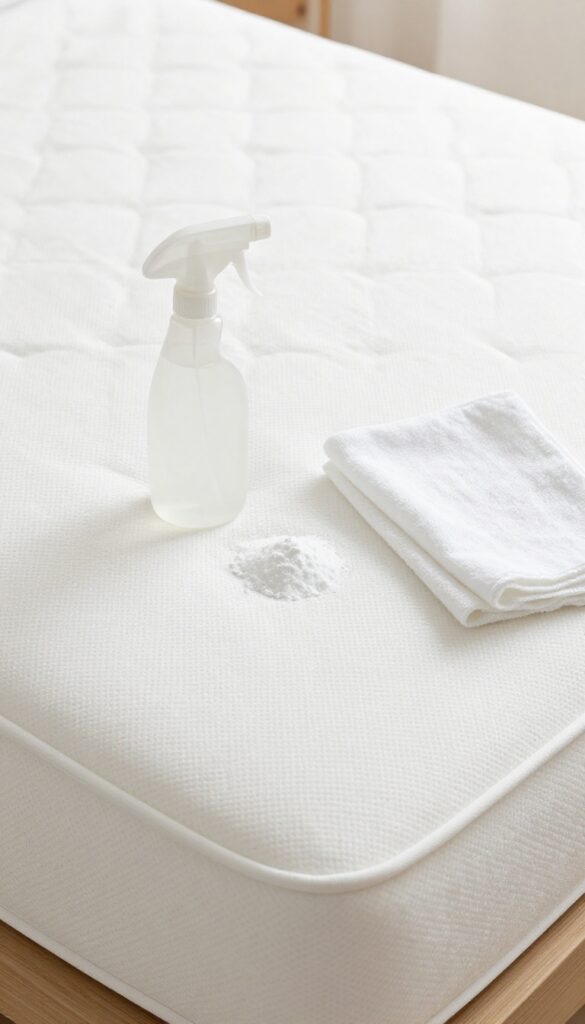 White vinegar spray bottle and baking soda on a clean white mattress, home cleaning inspiration.