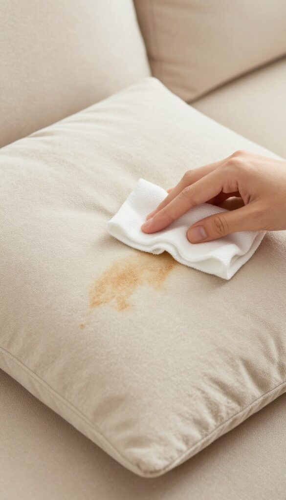 Person dabbing rubbing alcohol on an ink stain on a beige microfiber couch cushion.