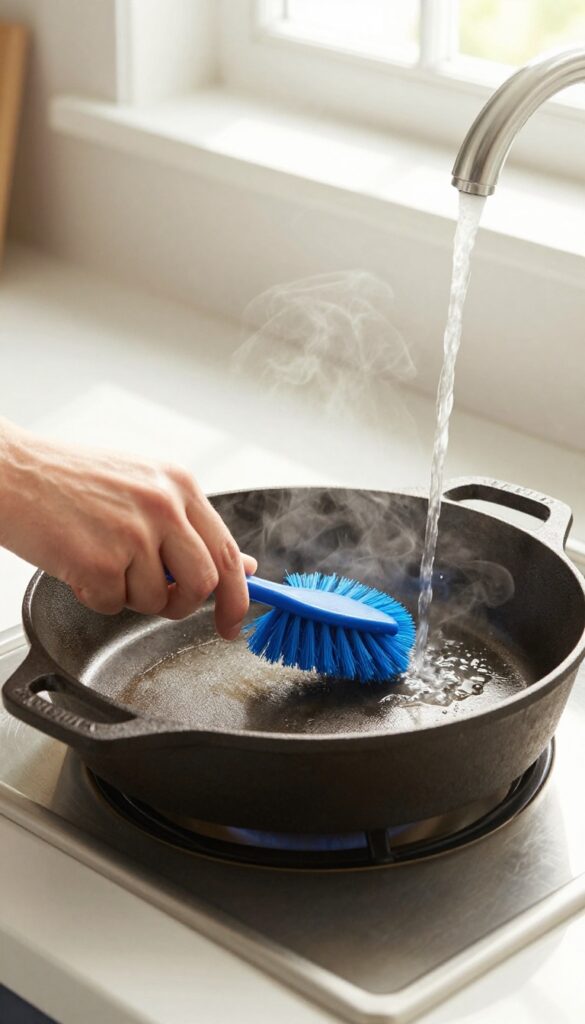 Person scrubbing a warm cast iron skillet with a stiff nylon brush under hot running water in a bright kitchen