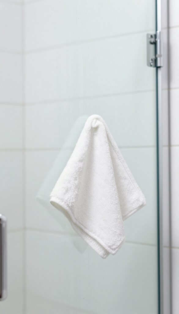 Wiping a glass shower door with a microfiber cloth for a streak-free shine
