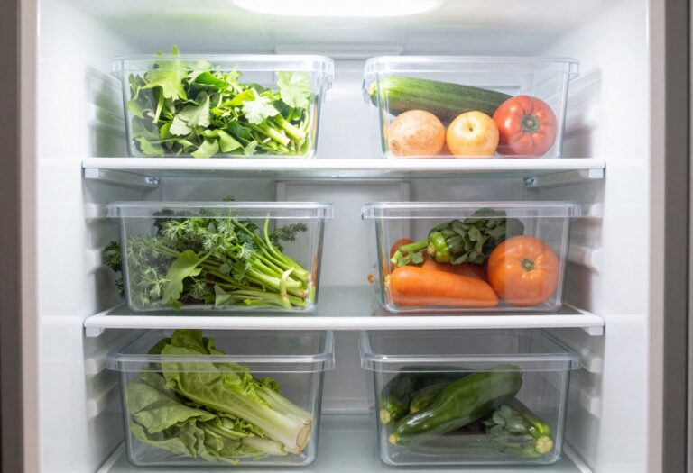 Organized refrigerator with fresh produce and clear storage bins