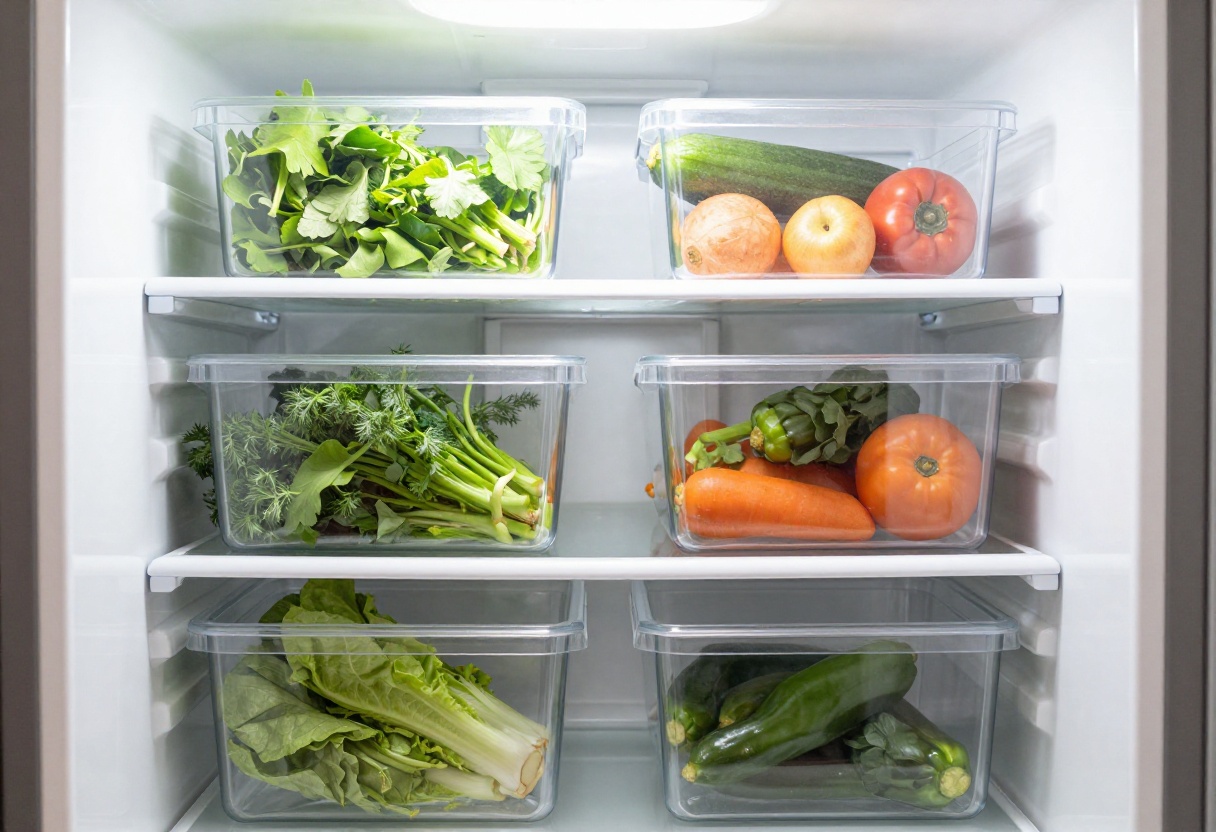Organized refrigerator with fresh produce and clear storage bins