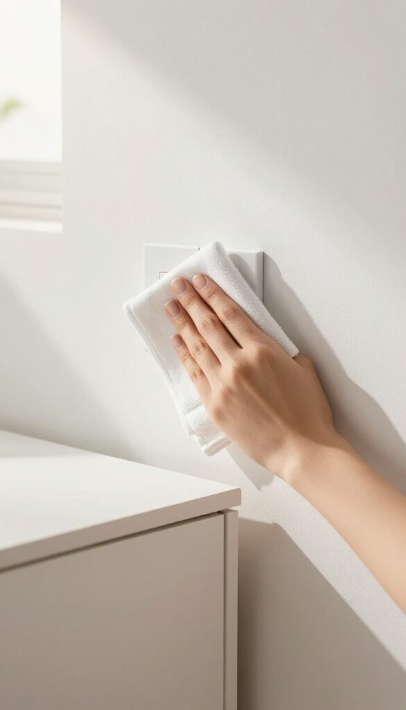 Close-up of a dry microfiber cloth wiping a light switch in a clean, sunlit bedroom