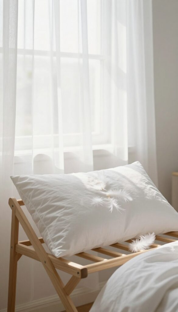 Feather pillow air drying on a rack near an open window in a bright bedroom