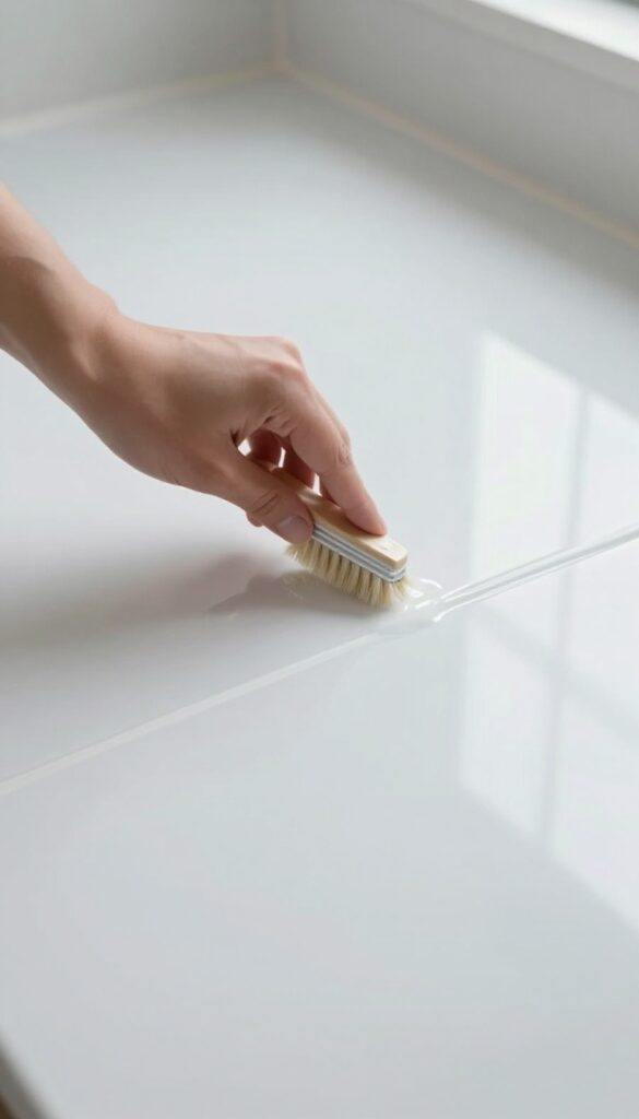 Hand applying grout sealer to clean white grout lines on a tiled floor