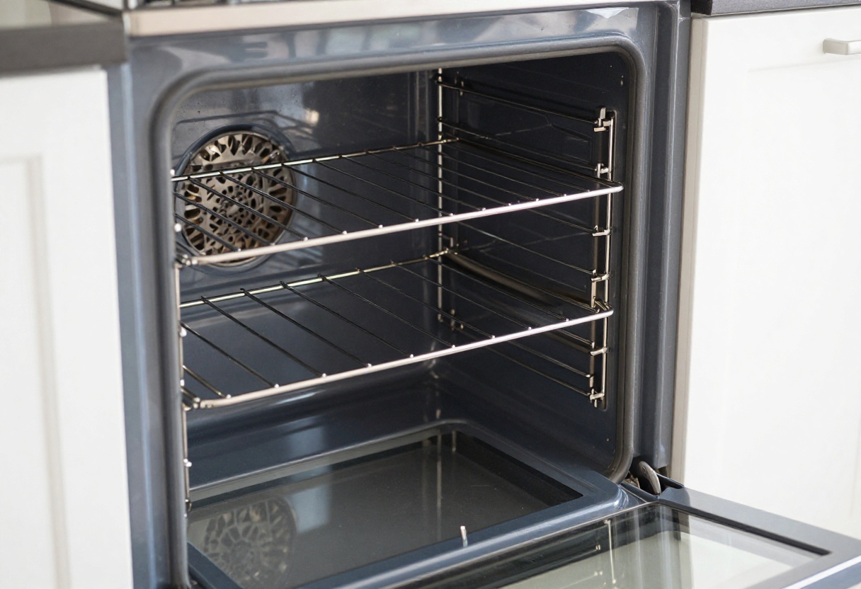 Clean oven interior with racks removed, sparkling and grease-free