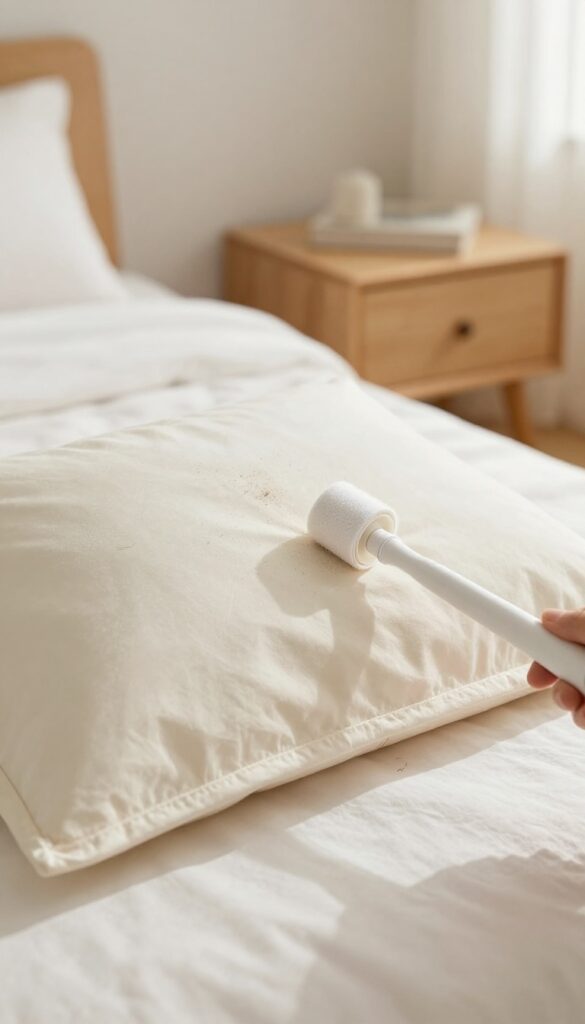 Using a lint roller to dust a fabric lampshade in a bright bedroom
