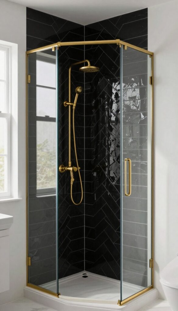 Black herringbone tile shower with brass fixtures