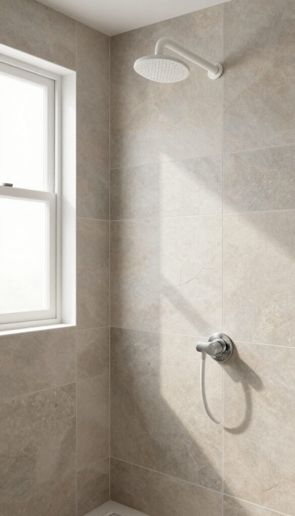 Textured stone-look porcelain tiles in a bright shower with natural light and white fixtures