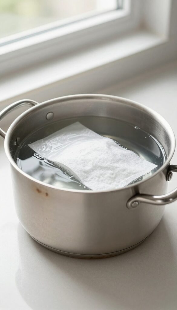 A stainless steel pot filled with water and a floating fabric softener sheet, placed on a kitchen counter in natural light.