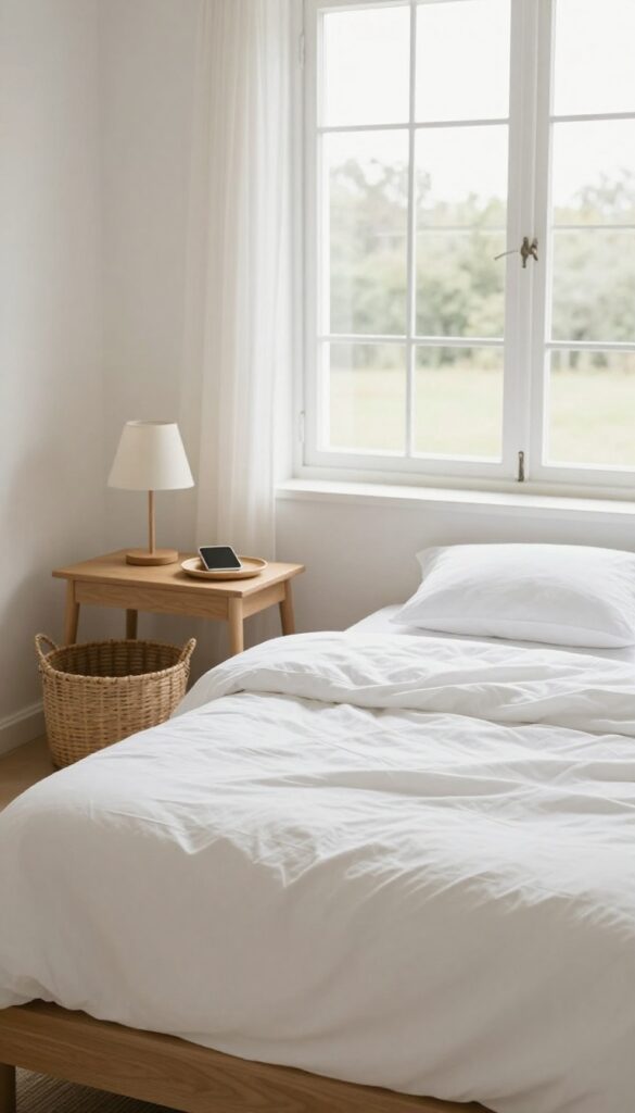 Clean bedroom with organized nightstand and tidy surfaces, illustrating returning items to their homes.