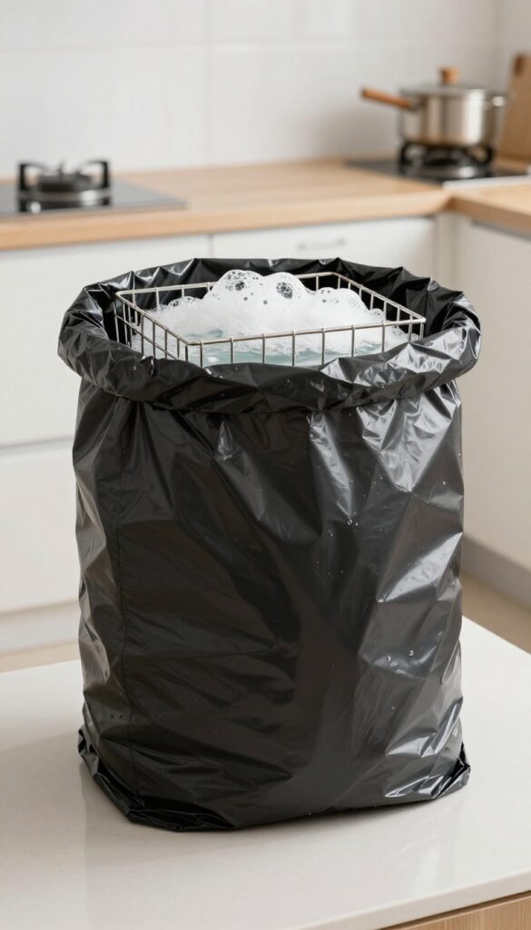 Oven rack soaking in a trash bag with hot water and dishwasher detergent on a kitchen counter