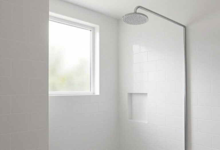 Bright modern shower with white subway tile in vertical stack pattern, rainfall showerhead, and built-in niche