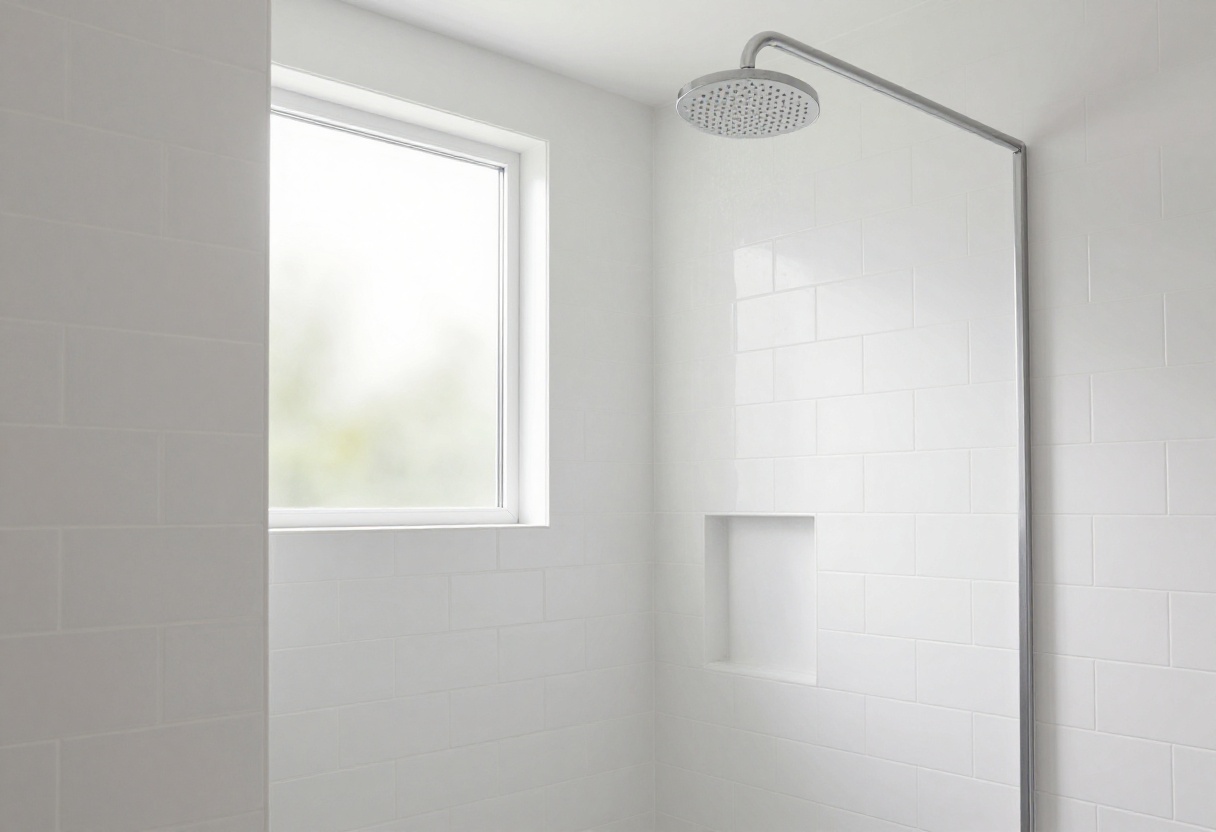 Bright modern shower with white subway tile in vertical stack pattern, rainfall showerhead, and built-in niche