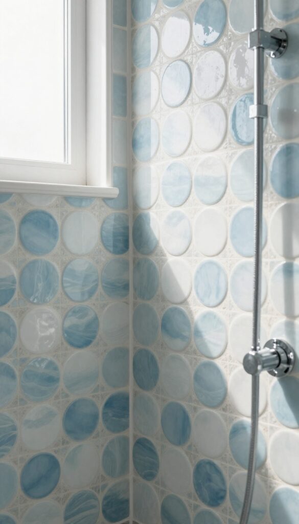 Penny round tiles in blue and white blend on shower wall and niche, with natural light and chrome showerhead