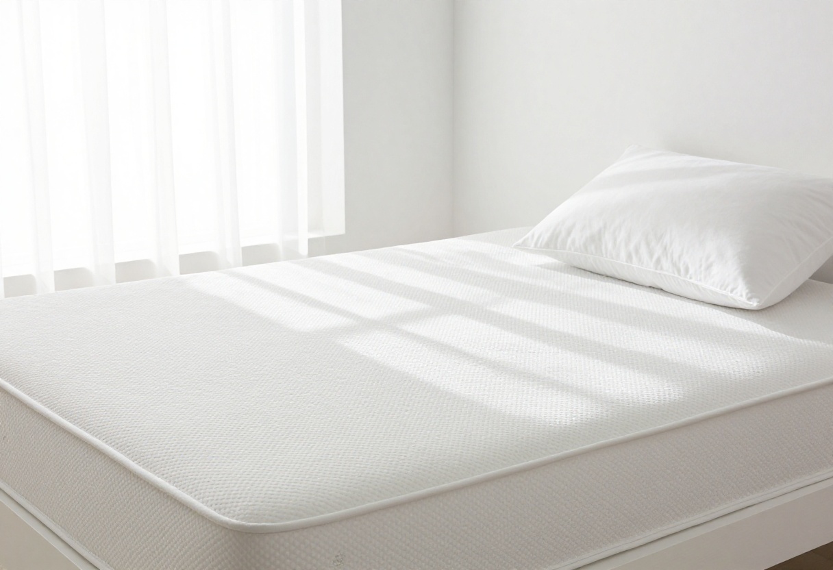 Clean white mattress with fresh sheets and pillow in a sunlit bedroom