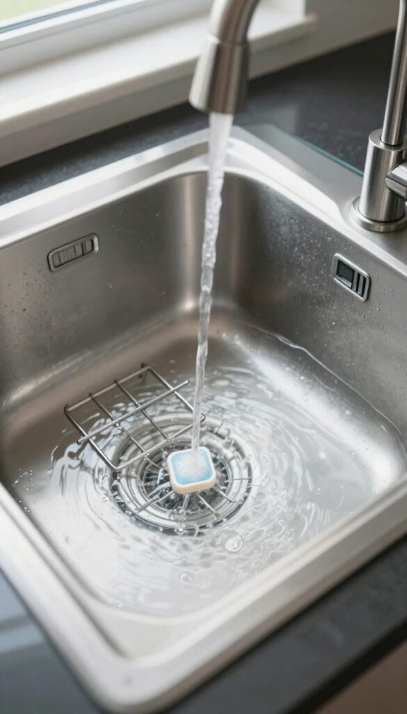 Stove grates soaking in a sink with a dissolving dishwasher tablet