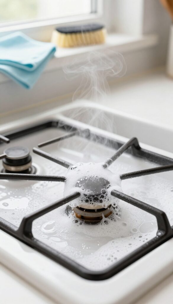 Burner grates and knobs soaking in a sink with hot soapy water for deep cleaning.